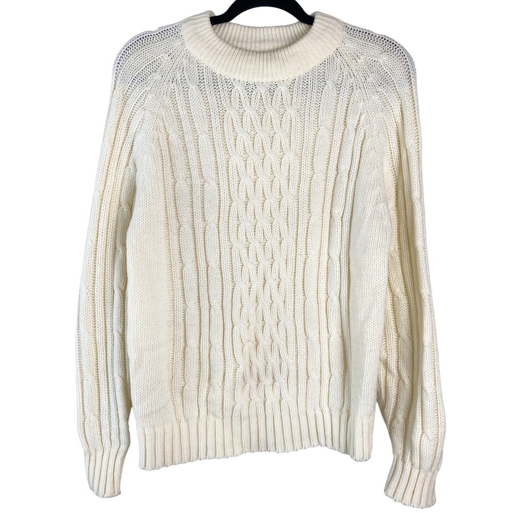 Vintage Mens Cable Knit Sweater M‎ Ivory Fisherman Crewneck Gepner Chunky Retro